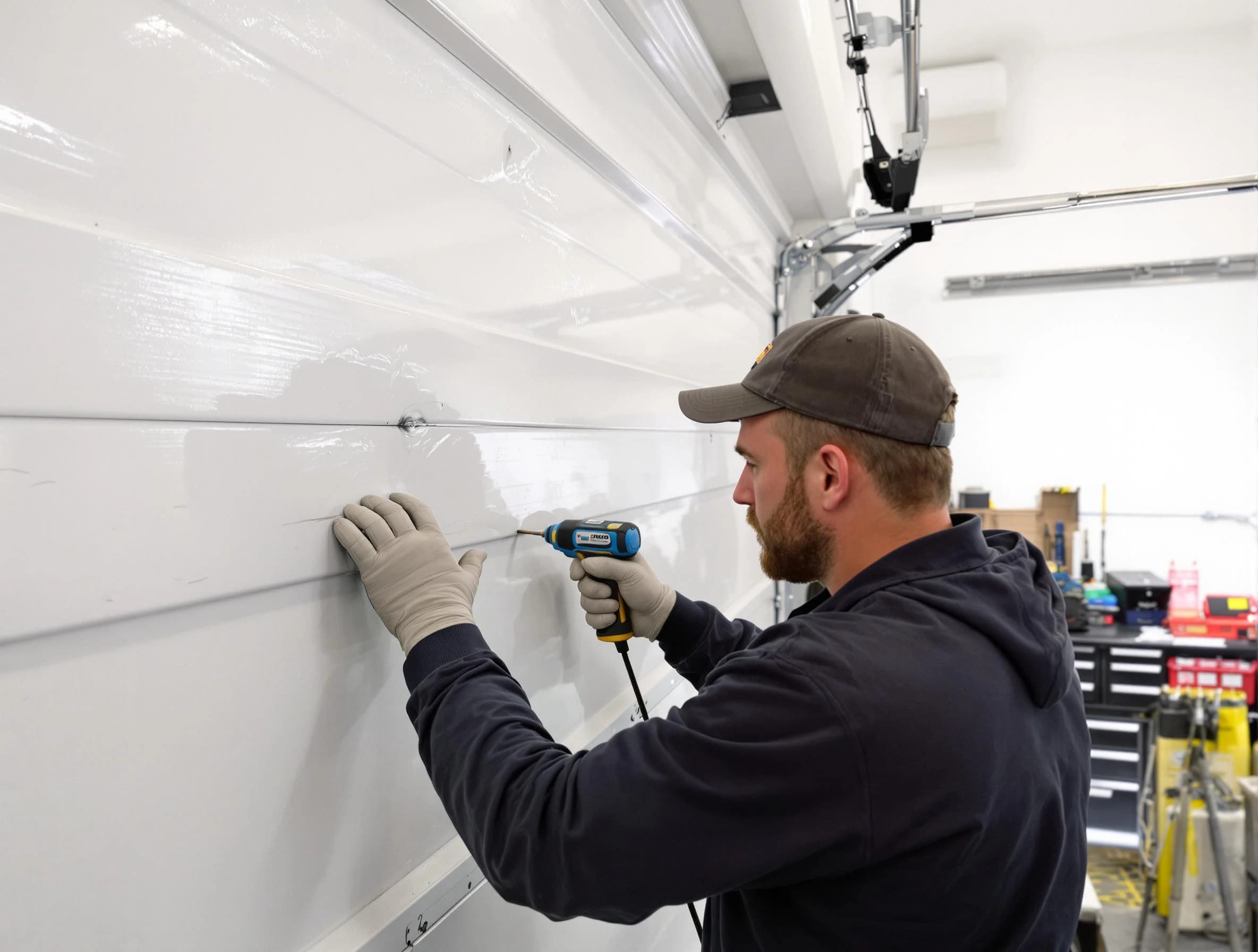 Bountiful Garage Door Repair technician demonstrating precision dent removal techniques on a Bountiful garage door